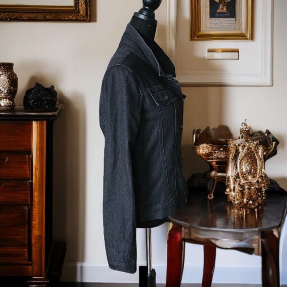 NEW BOWIE (LG) Black Denim Embroidered Metal Button Up Stretch Bomber Jacket - Picture 5 of 10